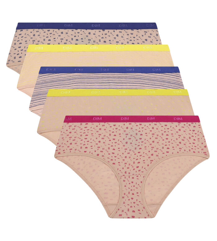 Pack de 5 culottes de algodón color nude con estampados y detalles flúor Les Pockets, , DIM