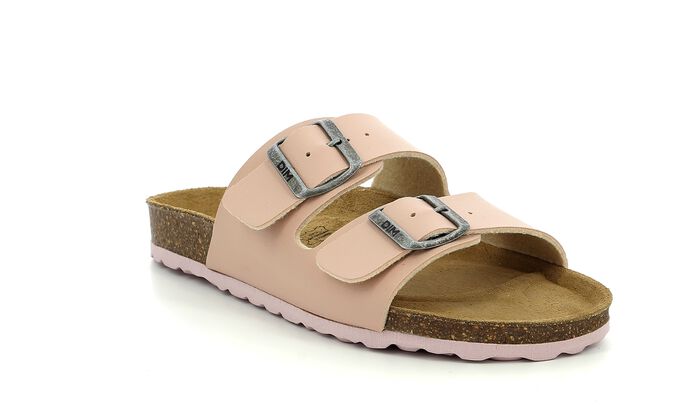Pair of light pink leather and cork mules for women, , DIM