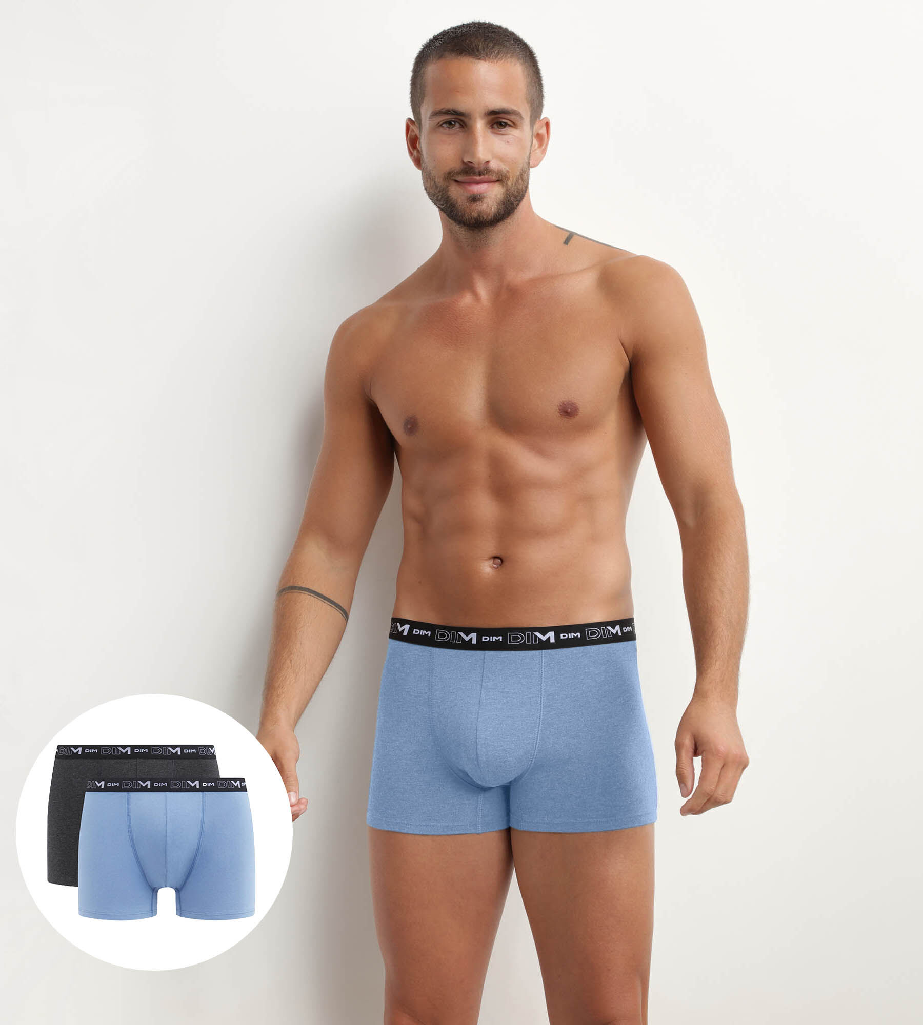 Dim Coton Stretch Cornflower and Black men s boxer shorts with contrasting waistband