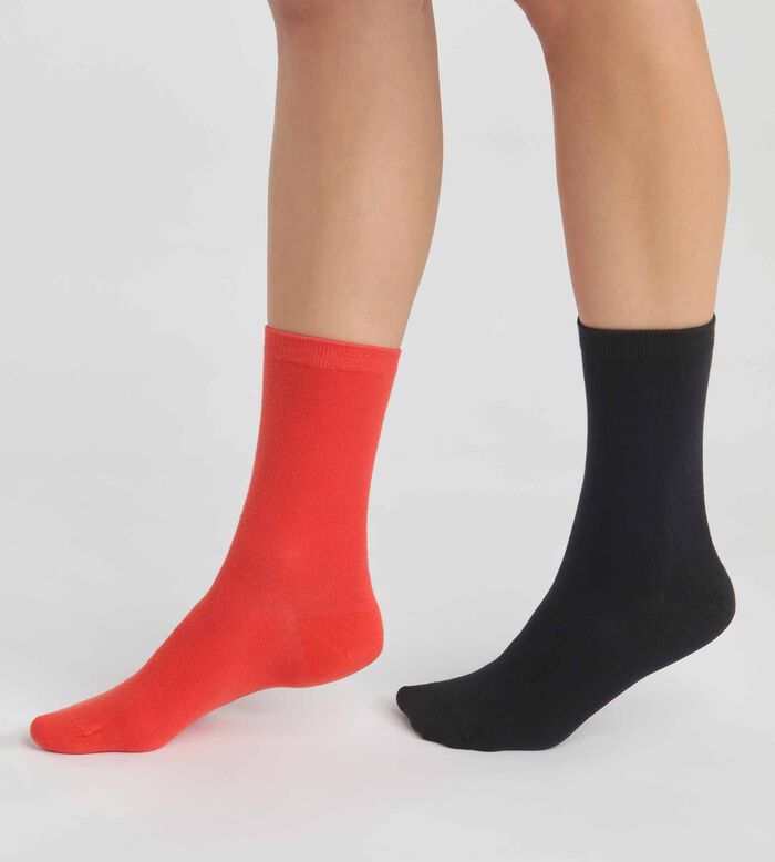 Pack of 2 pairs of women's socks in Poppy and Navy Dim Cotton, , DIM