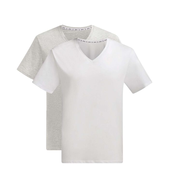 2er-Pack weiße/perlgraue Herren-T-Shirts aus Bio-Baumwolle mit V-Ausschnitt - DIM Good, , DIM