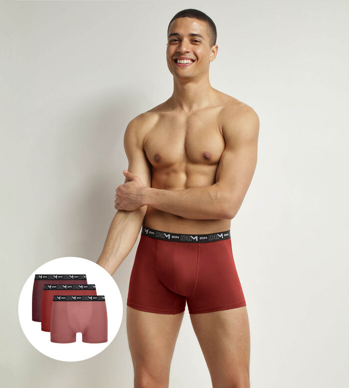 Pack of 3 boxers cotton stretch men's Red Pink earth Dim, , DIM