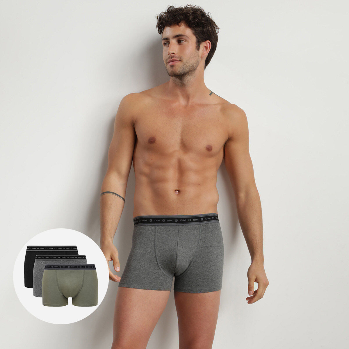 Pack of 3 men s Charcoal and Green organic stretch cotton boxers by Dim Green Bio