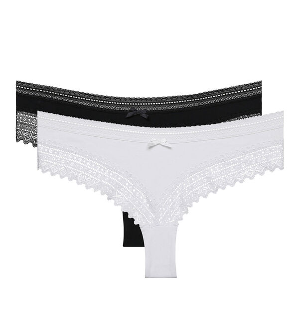 Pack of 2 pairs of Sexy Fashion cotton lace bikini knickers in black and  white