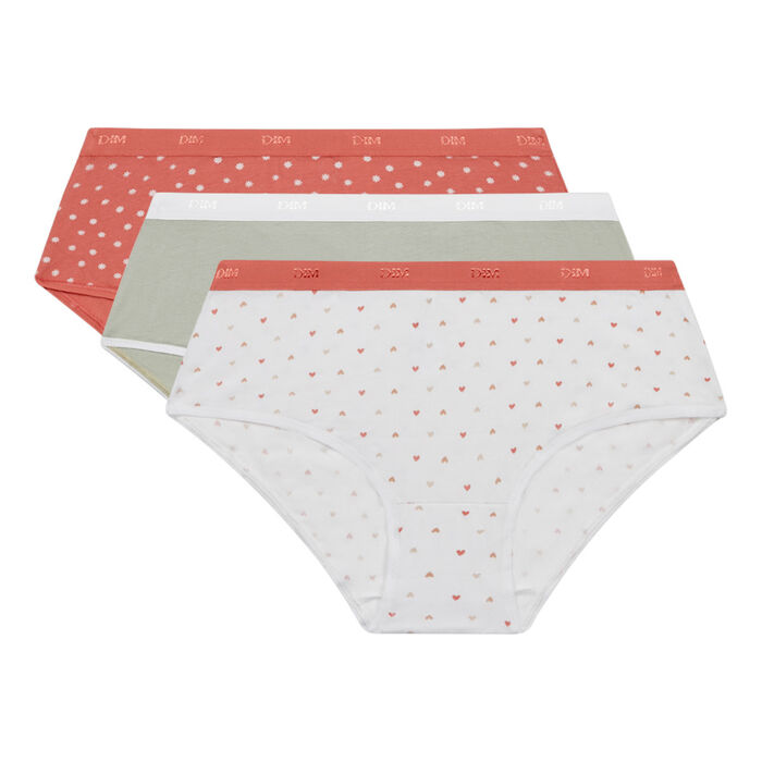 Les Pockets Pack of 3 women's Khaki stretch cotton boxers with hearts, , DIM