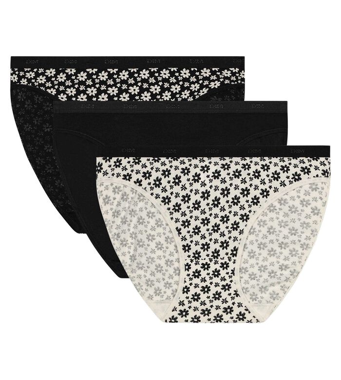 3er-Pack Slips aus Stretch-Baumwolle schwarz/ecru-weiß mit Blüten - Pockets, , DIM