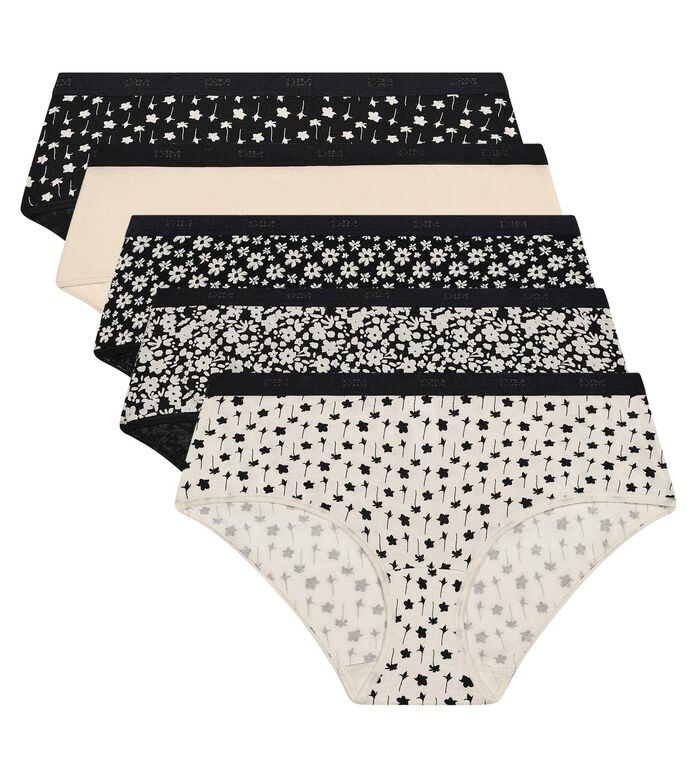 Pack of 5 white and black floral stretch cotton boxer shorts by Les Pockets, , DIM