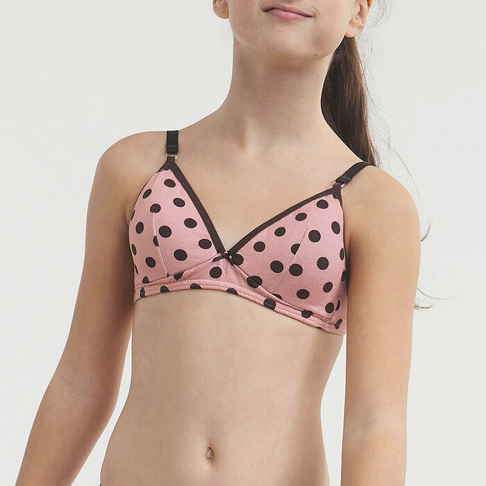 Girls' non-wired polka dot cotton bra Chocolat Les Pocket, , DIM