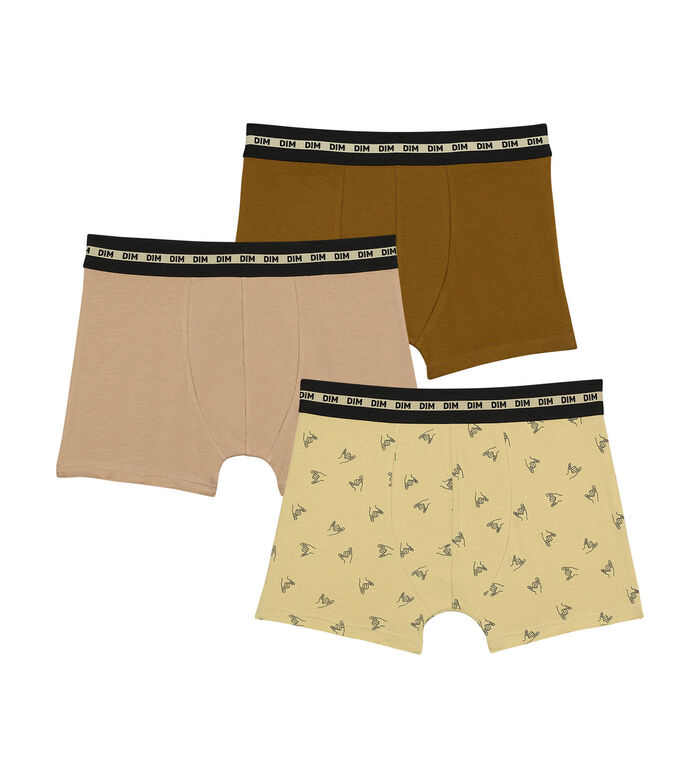 Pack of 3 fun-patterned boys' boxer shorts Olive Brown Dim Stretch Cotton, , DIM