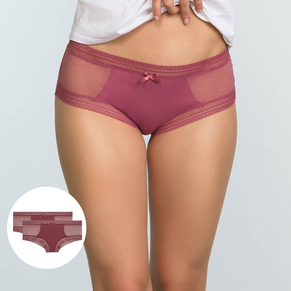 2 pack Sexy Transparency cotton and lace shortys in Brown and Red