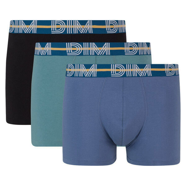Dim Powerful 3 pack stretch cotton trunks in blue and black with contrast  waistband