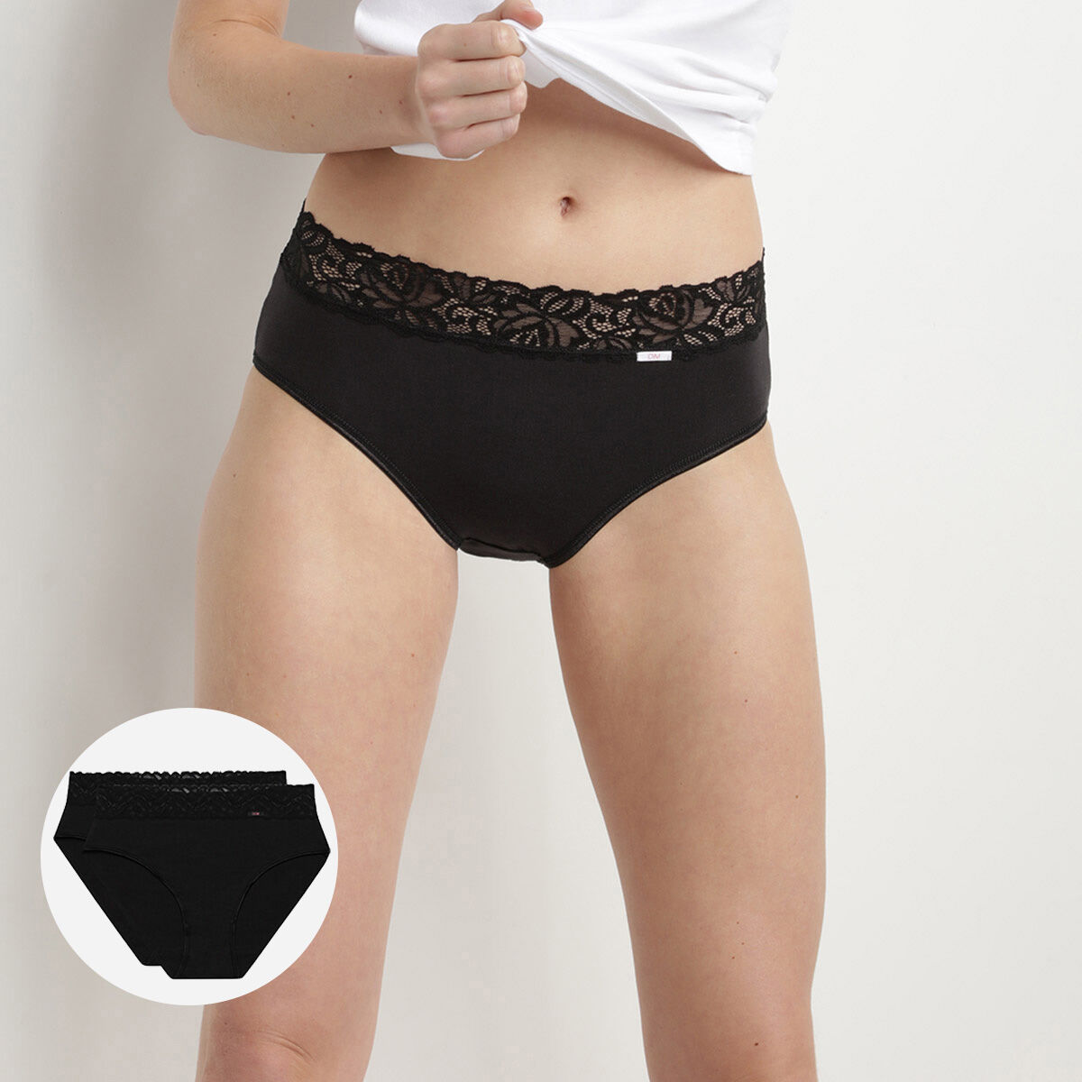 Pack of 2 pairs of Coton Plus F minine midi knickers in black