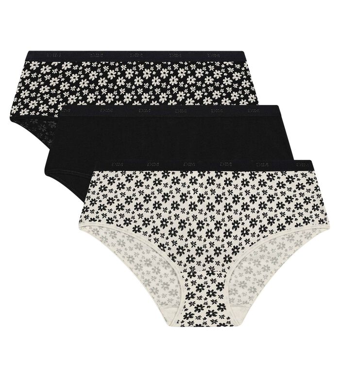 Pack de 3 culottes de algodón elástico con motivos florales en blanco y negro Les Pockets, , DIM
