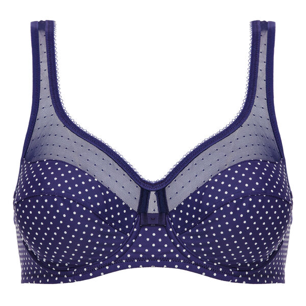 Generous underwired bra in blue and white polka dot print