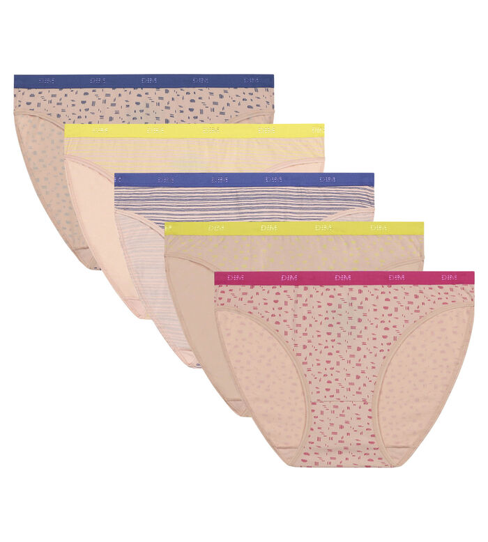 Pack of 5 Nude Cotton Stretch Panties with Fluorescent Patterns Dim Les Pockets, , DIM