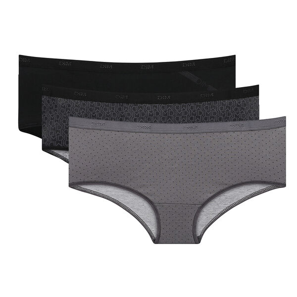 Pack of 3 black and grey Les Pockets Stretch Cotton thongs