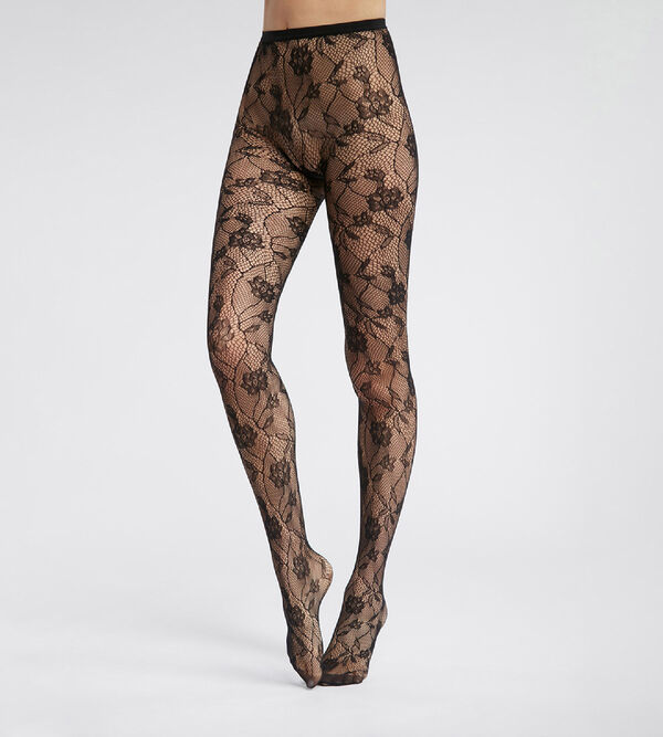 Women's Plus Black Lace Print Fishnets with Faux Panty