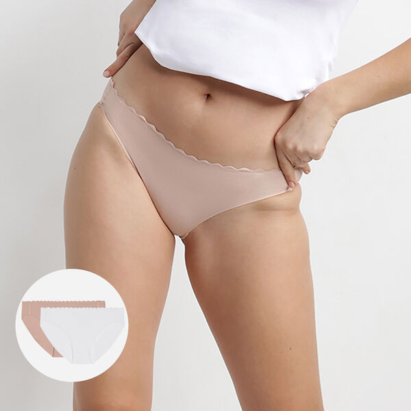 3-Pack Laser cut invisible seamless thong stretch cotton beige