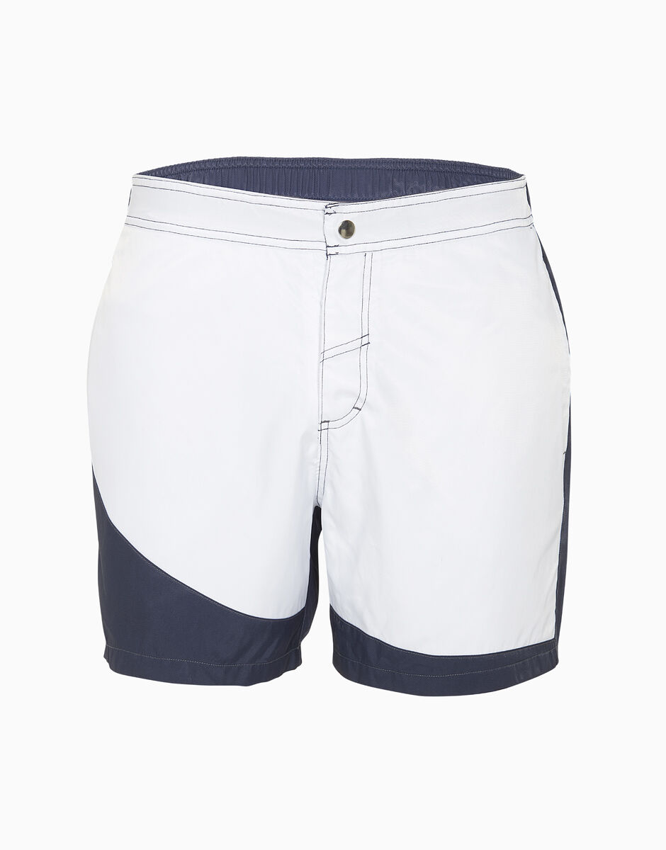 blue and white swim shorts