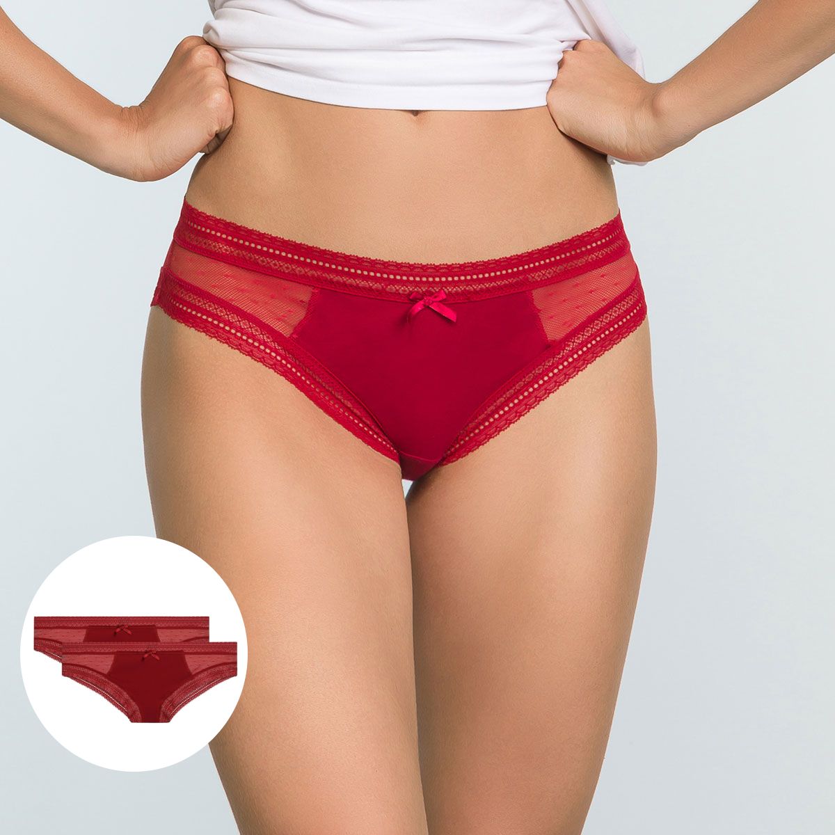 2 pack Sexy Transparency cotton and lace briefs in Brown and Red